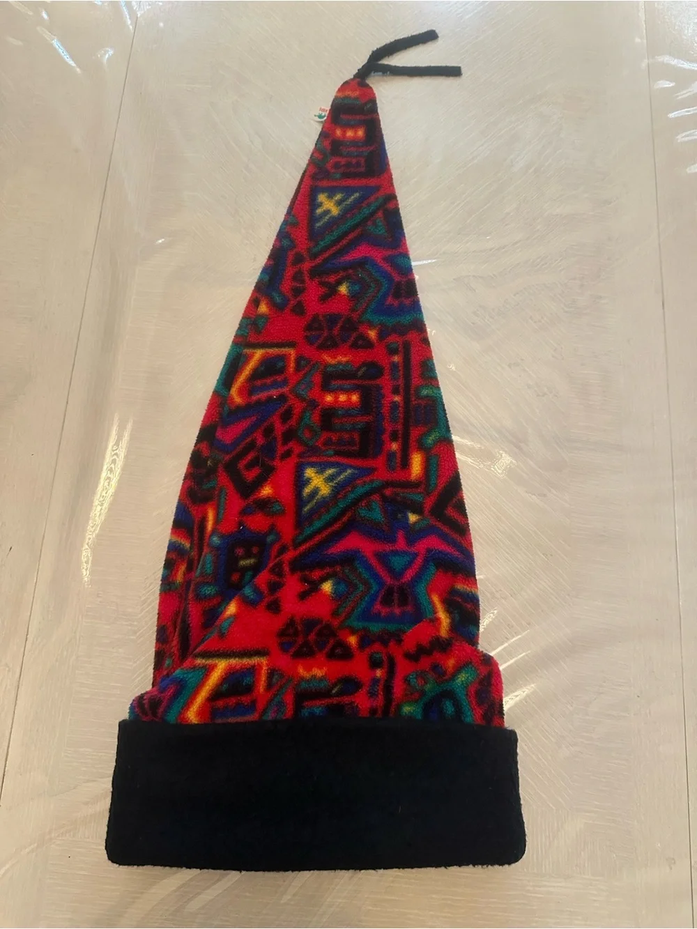 Turtle Fur Vintage Kids Long Tail Fleece Ski Hat Red Geometric Pointy Stocking
